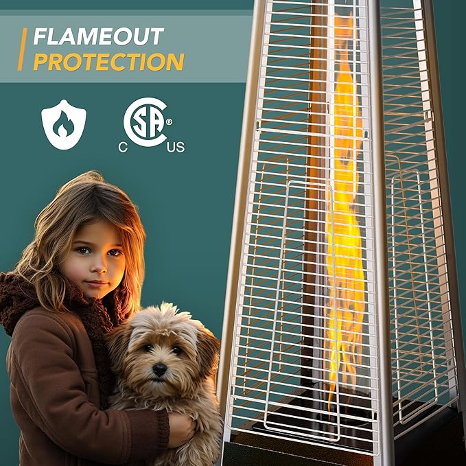 Pamapic Patio Heater, 48,000 BTU Pyramid Flame Outdoor Heater with Cover, Quartz Glass Tube, 87 Hammered Bronze Tower Propane Outdoor Heater with Wheels