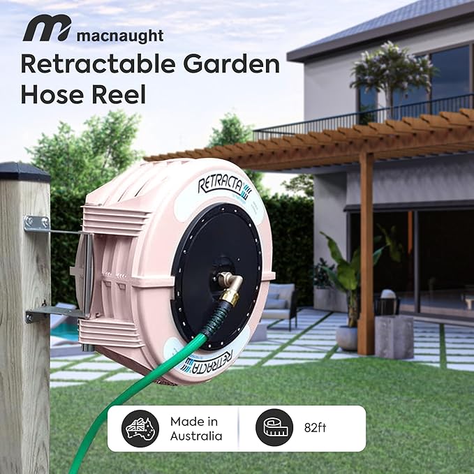 Macnaught Retractable Garden Hose Reel, 82 Ft Water Hose Reel Heavy Duty Retractable Hose with Metal 180¡Æ Swivel Rotation Bracket for Wall Mount - Beige