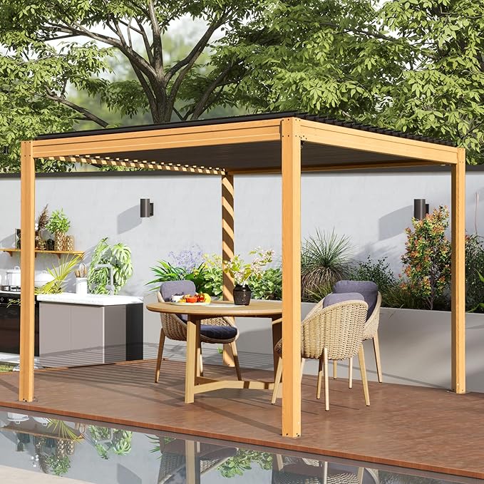 10’ x 10’ Louvered Pergola, Outdoor Pergola Aluminum Frame with Adjustable Rainproof Metal Roof, Permanent Sun Shade with Drainage System for Backyard, Garden and Lawn (Wooden Grain)