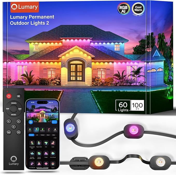 Lumary Smart Permanent Outdoor Lights 2 with Remote & Slide-Base, 100ft with 60 RGBAICW LEDs 3600lm for Daily & Accent Lighting, 110+ Modes for Halloween Christmas Decor, Work with Alexa Google, Black