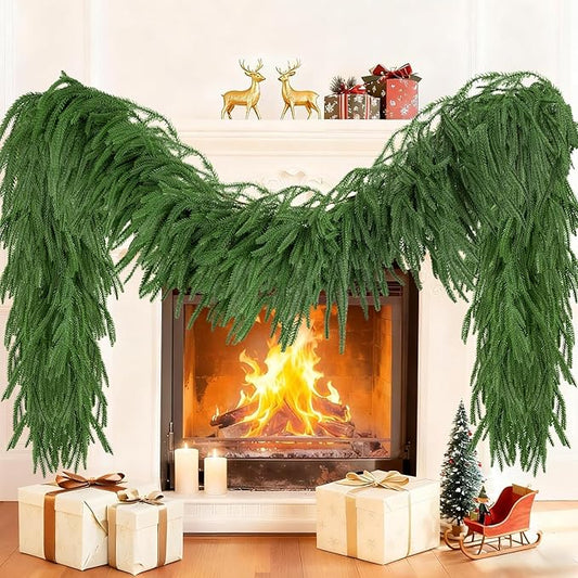 2Pcs 6FT Christmas Garland Artificial Norfolk Pine Garlands Real Touch Winter Green Greenery Garland Christmas Decoration Xmas Garland for Door Table Mantle Wall Indoor Outdoor Christmas Decor