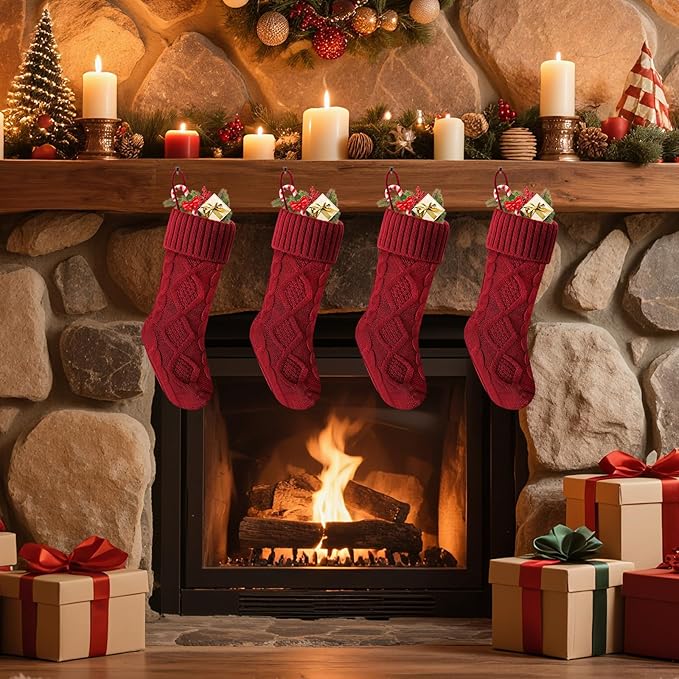 Christmas Stockings 18 Inches,Long Knitted Socks Christmas Decoration Hanging Stocking Fireplace Xmas Tree Stocking for Home Family（4 red）