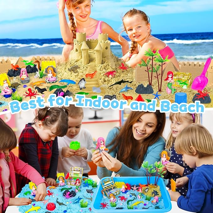 Sensory Bin, 57Pcs Ocean Mermaid Sensory Bins for Toddlers Sand Art Kit Sea Animals Molds Sandbox with Cover, Kids Play Sand Toys Playsand Birthday Valentines Gifts for Boys Girls 3-5 6 7+
