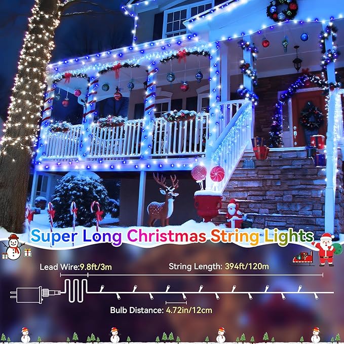 Heceltt Christmas Lights Outdoor, 403FT 1000 LED String Lights 8 Modes and Timer Memory Function Twinkle Fairy Lights IP44 Waterproof Plug in for Xmas Tree Wedding Party Holiday Decor(Blue and White)