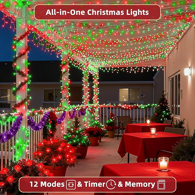 470ft Outdoor Christmas Lights, 1500 LED Super Long String Lights 12 Modes & Timer Memory,Dimmable Outsite Waterproof Light Strings for Xmas Tree Garden Wedding Party Holiday Decorations Red &Green