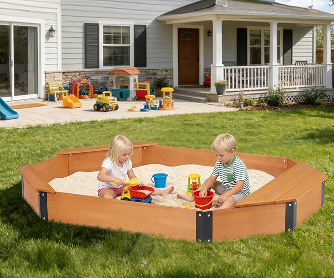 75.5''x53''x8.5'' Octagon Sandbox with Storage Box for Kids Outdoor Play, Wood Large Sandpit with Cover & 3 Benches, Quick Easy Install