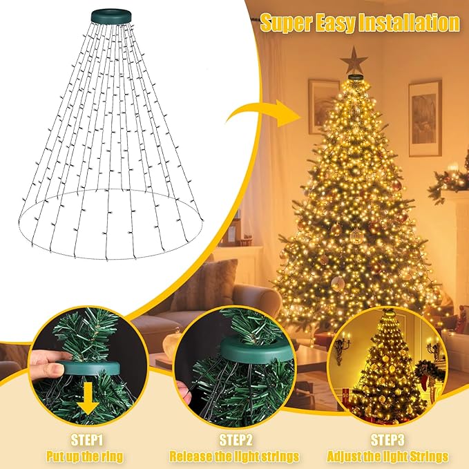 Smart Christmas Tree Lights with Ring, 6.56Ft x 16 Lines String 400 LED Indoor Outdoor with APP Control Music Sync DIY scenarios 17 Modes Multicolor Timing for Christmas Tree Decorations