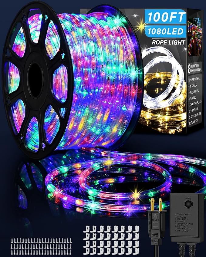 100ft 1080 LED Rope Lights Christmas Outdoor Waterproof, Flexible Connectable Tube Lights with 8 Modes, String Lights Decorative Lighting for Garden Patio Tree Bedroom Xmas Decor (Multicolor)