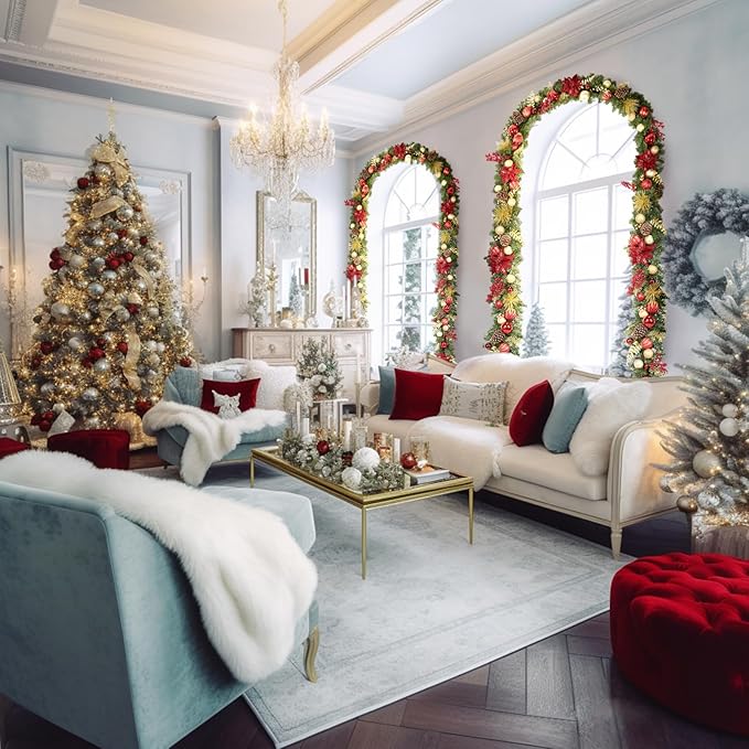 WBHome Pre-lit 9 Feet/108 Inch Christmas Garland Classic Red&Gold Themed with 50 LED Lights Holiday Decorations, Battery Operated (Batteries NOT Included)