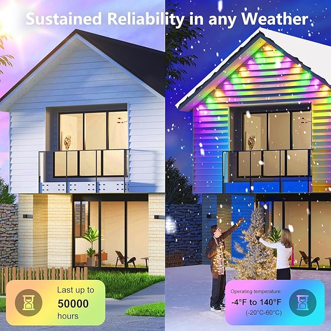 DEERDANCE Permanent Outdoor Lights for House 100ft Smart ICRGB Outside Light Eaves Lights for Christmas All Holiday Decorations Trim Light Year Round String Light Work with Alexa, Google (100.1ft)