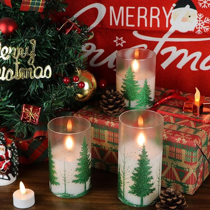 Wondise Glass Flickering Flameless Candles with Remote and Timer, Battery Operated 3D Wick LED Candles Christmas Tree for Christmas Holiday Home Decoration, Set of 3(D3 x H4,5,6 Inch)