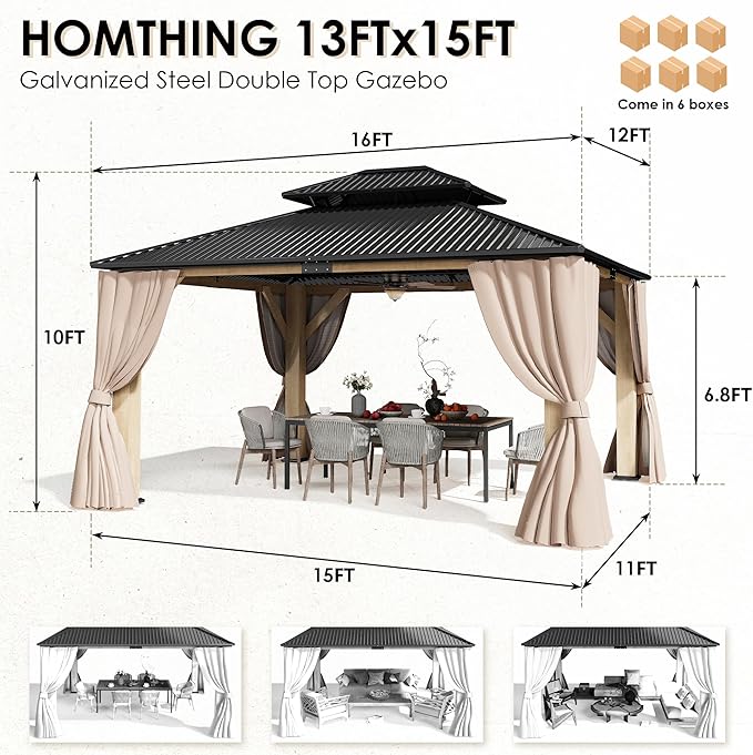 13‘x15’ Outdoor Wood Gazebo, Wooden Pavilion with Double Galvanized Steel Roof, Hardtop Gazebo with Natural Wood Frame, Curtains & Netting for Patio, Garden, Lawn, Deck, Backyard (13'x15')
