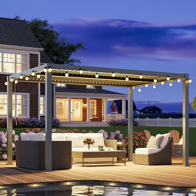 RoyalCraft 10' x 13' Louvered Pergola, Heavy-Duty Aluminum Outdoor Pergola, Metal Hardtop Gazebo with Adjustable Roof for Patio Deck Garden Yard, Grey