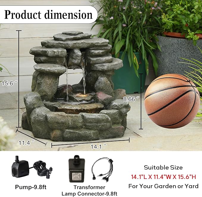 15.6''H Small Rock Water Fountain Outdoor&Indoor, 3-Tier Garden Waterfall with Warm Lights and 2 Flows for Patio, Backyard, Deck, Porch, Home DéCor, Stone Gray