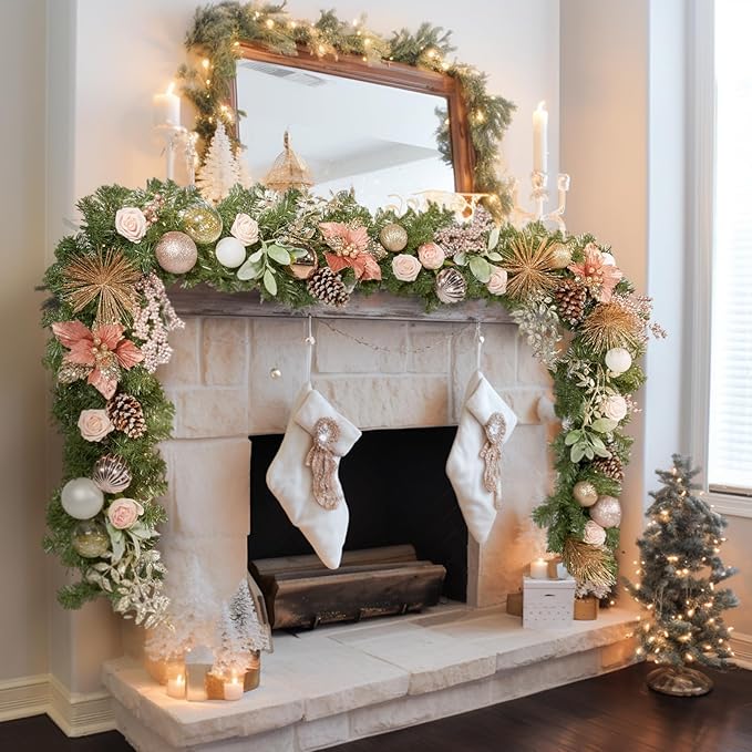 WBHome Pre-lit 9 Feet/108 Inch Christmas Garland, Rose Gold Lighted Garland with 50 LED Lights for Indoor Outdoor Xmas Decor Holiday Decorations, Battery Operated (Batteries NOT Included)