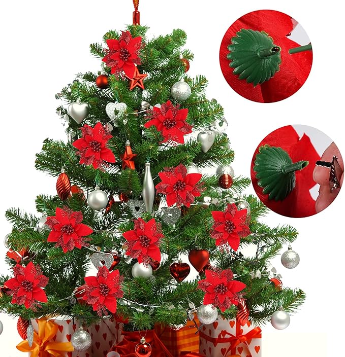 RECUTMS 10 PCS Red Glitter Poinsettia Flowers Christmas Tree Ornaments Fake Christmas Flowers Artificial Christmas Flowers Decorations Wedding Xmas Tree New Year Ornaments Wreath Decoration(Red)