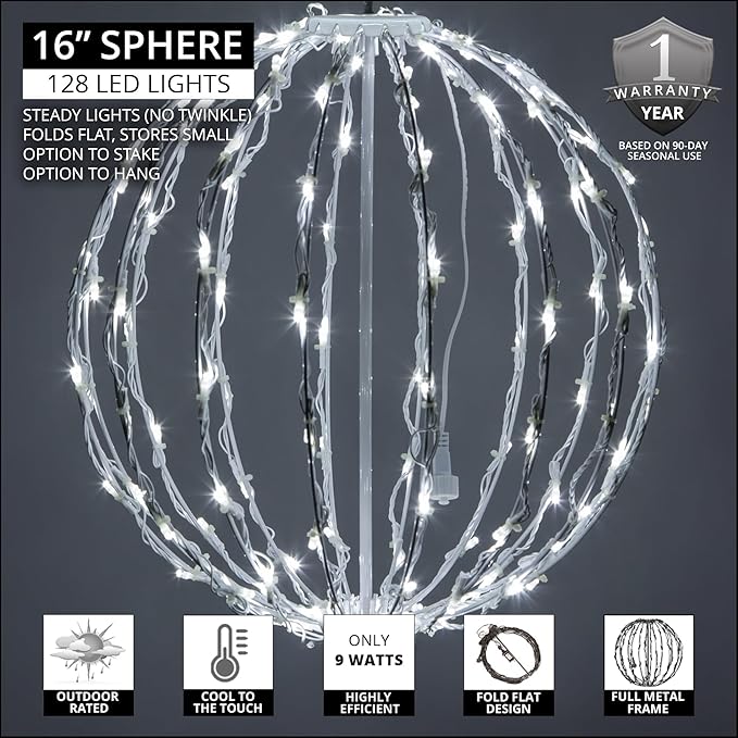 Wintergreen Lighting LED Light Ball – Indoor/Outdoor Christmas Light Balls, Light Spheres Outdoor/Sphere Light Fold Flat Metal Frame (16, White Frame/Cool White Lights)