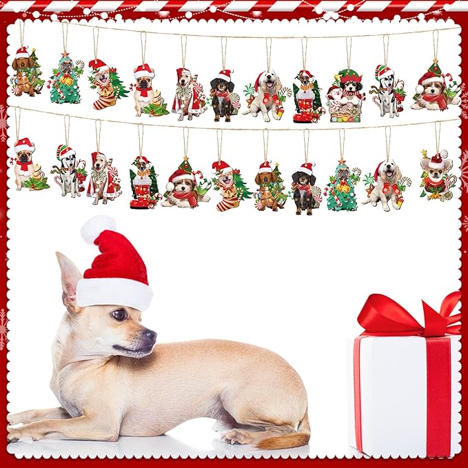 Qunclay 36 Pcs Dog Christmas Tree Ornaments Wooden Dog Christmas Tree Decorations Rustic Xmas Puppy Hanging Ornament Decorative Puppy Wood Pendants for Home Fireplace Holiday Xmas Party Decor