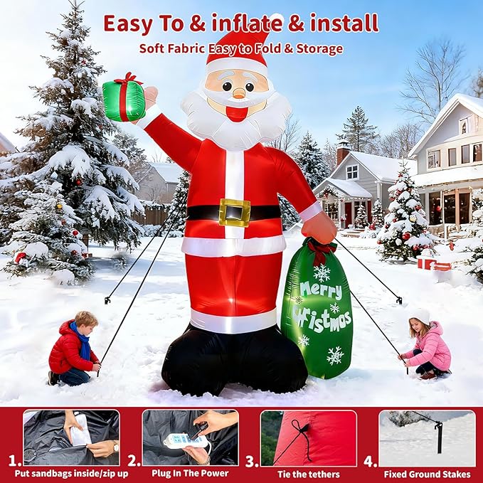 12FT Giant Christmas Inflatable Santa Claus with LED Lights and Gift Bag, Outdoor Blow Up Decorations for Yard, Indoor Holiday Party, Built-in Lights, Weatherproof, Includes Stakes & Sandbags