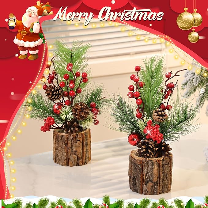 6 Pcs 11 Inch Christmas Tree Tabletop Artificial Mini Christmas Tree Decorations with Holiday Ornaments Pine Cone Berry Farmhouse for Fireplace Home Indoor Decor (Classic)