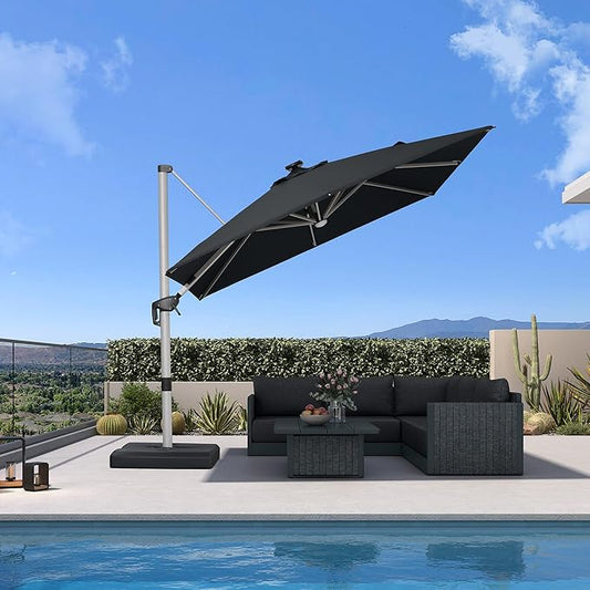 PURPLE LEAF Patio Umbrella with base 10 Feet Outdoor Square Cantilever Umbrella Solar Powered LED with 360-degree Rotation for Garden Deck Pool Patio, Black