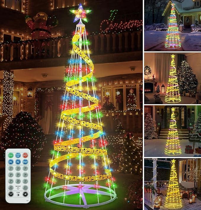7 FT Christmas Tree with Lights, Outdoor Christmas Cone Tree with 8 Modes Timer Remote Waterproof, Christmas Tree Lightshow for Indoor Outside Yard Porch Xmas Decorations, Multicolor