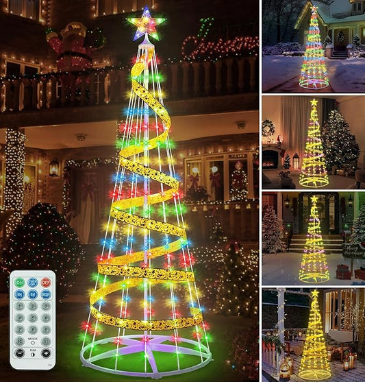 7 FT Christmas Tree with Lights, Outdoor Christmas Cone Tree with 8 Modes Timer Remote Waterproof, Christmas Tree Lightshow for Indoor Outside Yard Porch Xmas Decorations, Multicolor