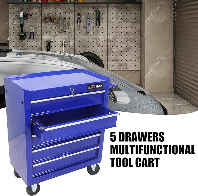 RYH 5 Drawers Rolling Tool Chest & Tool Box on Wheels | Heavy Duty Metal Cart with Ball Bearing Drawers | Fits US General Tool Box for Garage Storage (Blue, 5 Drawers£¨29.9 H ¡¿ 24.2 W ¡¿ 12.9 D)