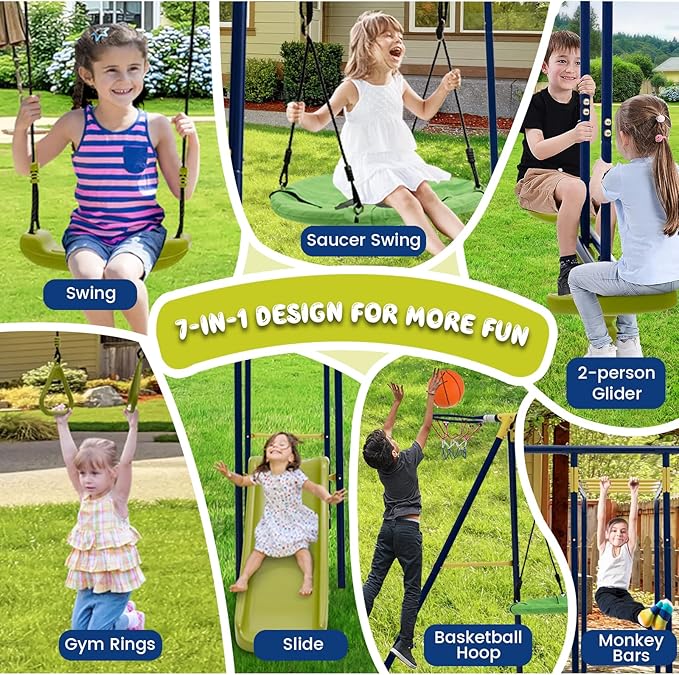 Costzon 660 lbs Swing Sets for Backyard, 7-in-1 Heavy Duty Extra Large Metal Swing Frame w/2 Swings, Glider, Gym Rings, Slide, Monkey Bar, Basketball Hoop, Play Equipment for Indoor Outdoor