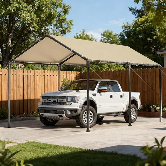 10x20 Heavy Duty Carport, Outdoor Carport Shelter with Reinforced Frame and Stakes, Waterproof Garage Car Port Tent (Beige)