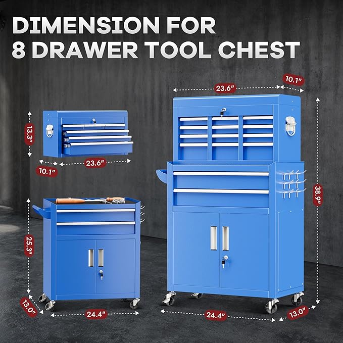 Bonusall 8 Drawer Rolling Tool Chest and Cabinet Combo,Heavy-Duty Metal Garage Tool Chest with Wheels and 2 Doors,2-in-1 Top Box and Roller Cabinet Combo for Garage, Workshop, Warehouse-Blue