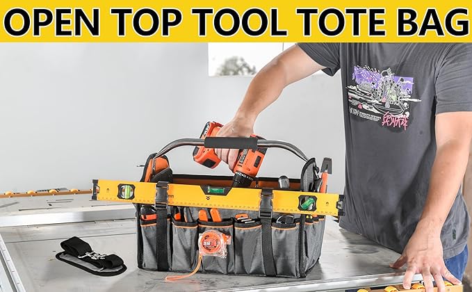 16 Inch Open Top Tool Bag, Thick 1680D Fabric, Foldable 29 Pockets Tool Tote Bags with Stainless Steel Handle & Padded Shoulder Strap, Easy Carry and Easy Tool Access