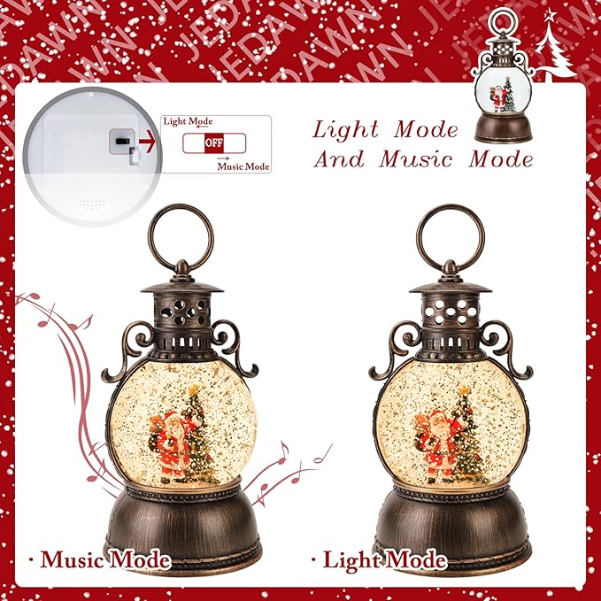 Snow Globe Lighted Christmas Decorations,Christmas Snow Globe Lantern with Musical, Retro Style Holiday Glitter Globe for Xmas Home Decoration Gifts