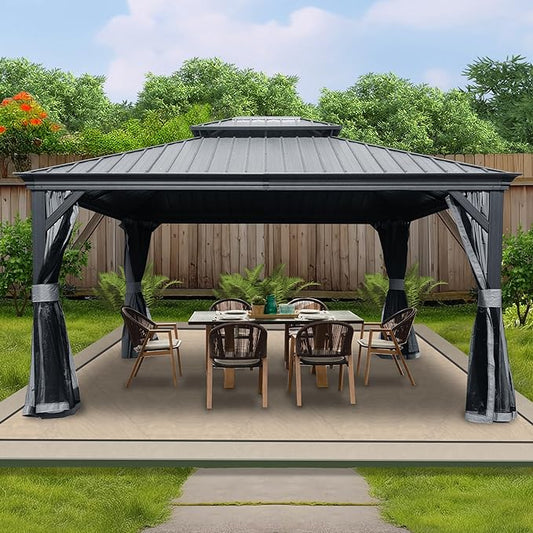 Kozyard Alexander 12' X 14' Aluminum Hardtop Gazebo with Galvanized Steel Double Roof Canopy, Curtain and Netting, Permanent Gazebo Pavilion for Patio, Backyard, Deck, Lawn (Gray)