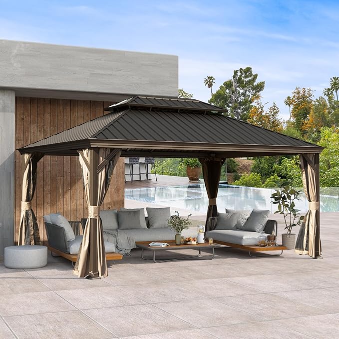 Domi 12x16FT Outdoor Gazebo, Hardtop Gazebo with Galvanized Steel Double Roof, Metal Gazebos with Drainage System Patio Pergola for Patio Deck Backyard,Curtain and Netting,Brown