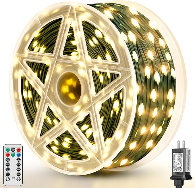 Brightever LED Christmas Tree Lights - 900 Bulbs 295FT, Plug-in Outside Christmas Light with Remote, 8 Lighting Modes, 3 Timers, Dimmable, LED Light Decor for Xmas Tree, Car, Fence (Warm White)