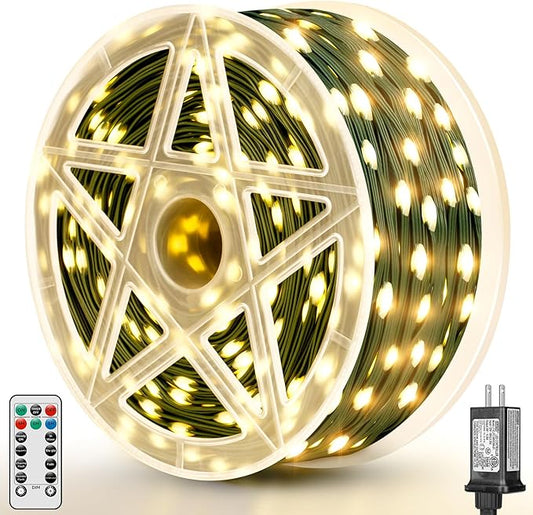 Brightever LED Christmas Tree Lights - 900 Bulbs 295FT, Plug-in Outside Christmas Light with Remote, 8 Lighting Modes, 3 Timers, Dimmable, LED Light Decor for Xmas Tree, Car, Fence (Warm White)