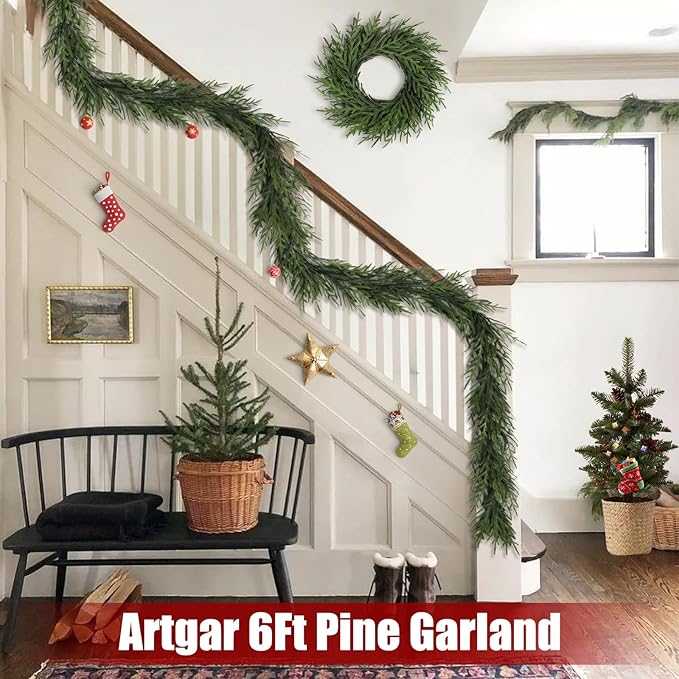 Artgar Pine Garland - 6 Ft Christmas Garland - Artificial Green Cedar Garlands - Garlands Christmas Decorations for Home Mantel Stairs Dining Table Christmas Decor (Green)