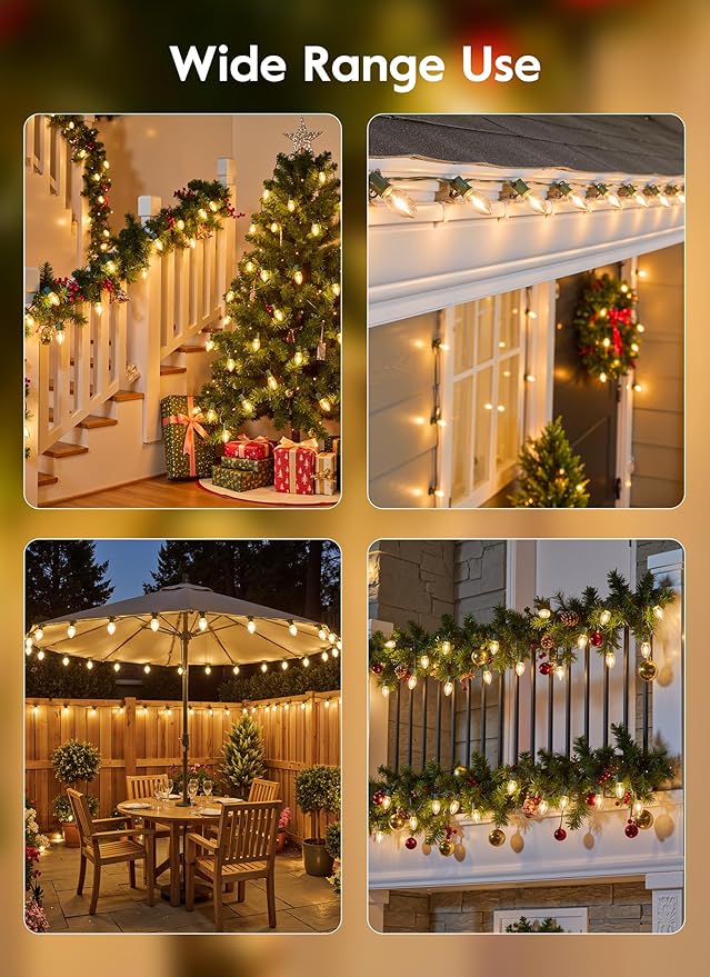 Vintage C9 LED Christmas Lights Outdoor, 150 Ft C9 String Light with 150 Shatterproof Warm White Bulbs, Waterproof Connectable Christmas Tree Lights for Roofline Holiday Garden Party Xmas Decorations