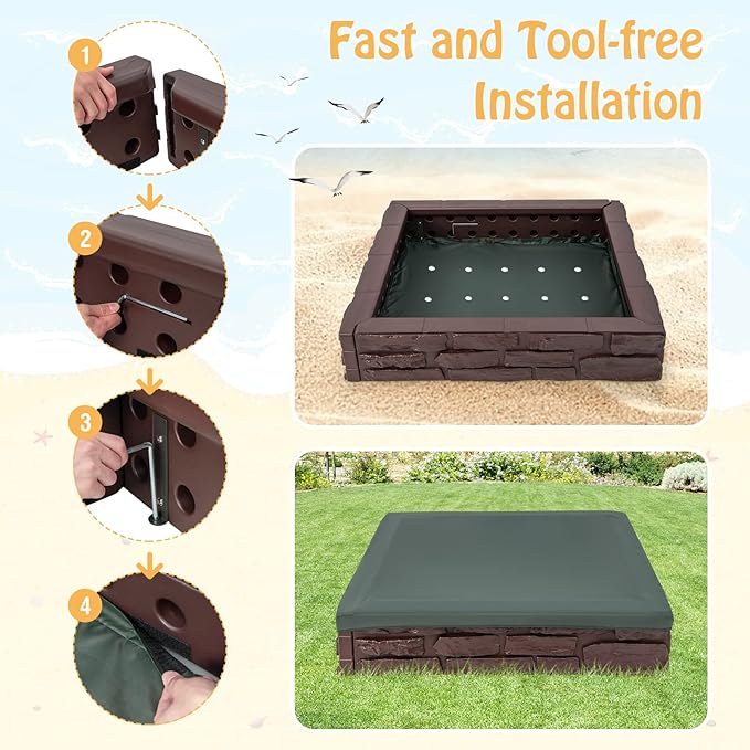 HONEY JOY Sandbox with Cover, 47 x 47 Inch Square Sand Pit for Backyard, Bottom Drainage Oxford Liner, HDPE Playful All Weather Resistant Sand Boxes for Kids Outdoor with Lid (Brown)