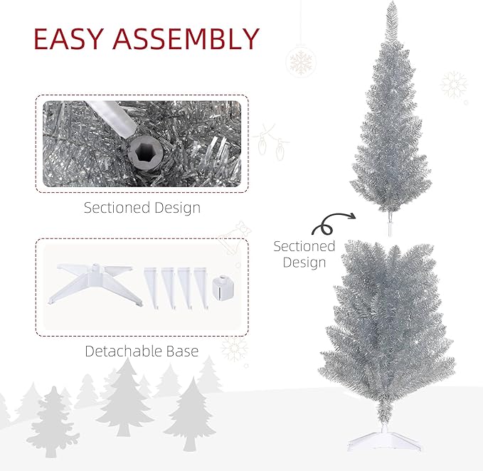 HOMCOM 5' Artificial Pencil Christmas Tree, Slim Xmas Tree with 294 Realistic Branch Tips and Plastic Stand, Silver