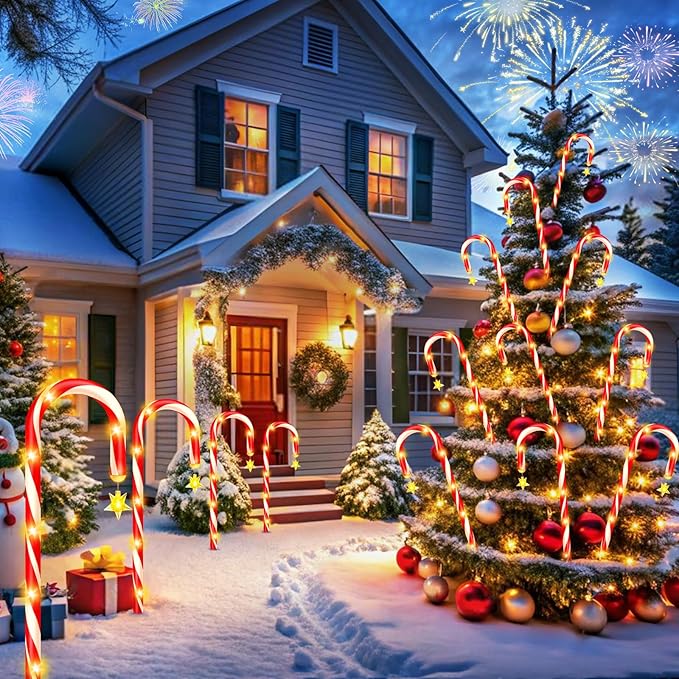 Solar Christmas Decorations Outdoor, 12 Pack Solar Candy Cane Christmas Lights 8 Lighting Modes 180 Bright LED, Waterproof Outside Xmas DIY Decorations for Pathway Yard Garden