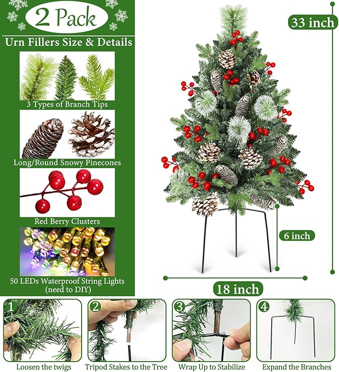 33" 2 Pack Outdoor Christmas Tree Urn Fillers 8 Modes Timer Battery Operated Christmas Decorations Outdoor Indoor Pinecones Berries Tripod Stakes Yard Porch Lawn