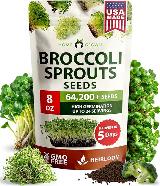 HOME GROWN Broccoli Seeds 8 oz - for Sprouting or Microgreens 𝗡𝗢𝗡-𝗚?𝗢 𝗨𝗦𝗔-𝗦𝗢𝗨𝗥𝗖𝗘𝗗 High Germination Sprout Seeds Nutritious Micro Greens - Broccoli Sprouts in 5 Days - Sulforaphane Rich