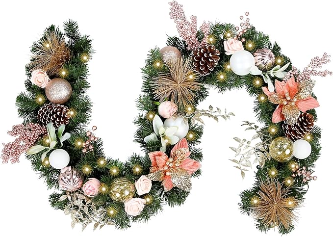 WBHome Pre-lit 6 Feet/72 Inch Christmas Garland, Rose Gold Lighted Garland with 35 LED Lights for Indoor Outdoor Xmas Decor Holiday Decorations, Battery Operated (Batteries NOT Included)