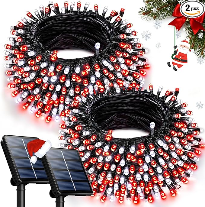 OZS 2PK 240LED Solar String Lights Outdoor Waterproof | Solar Christmas Tree Lights with 8 Lighting Modes Solar Light Outdoor for Xmas Party Garden Tree Christmas Decorations (Red&Cool White)