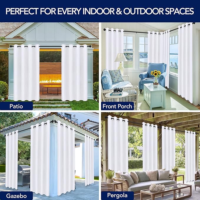 PureFit Outdoor Curtains for Patio Waterproof Weatherproof, UV Resistant Outside Curtains for Gazebo, Front Porch, Pergola, Sun Blocking Privacy Curtain, 52W x 95L inch, 1 Panel, White