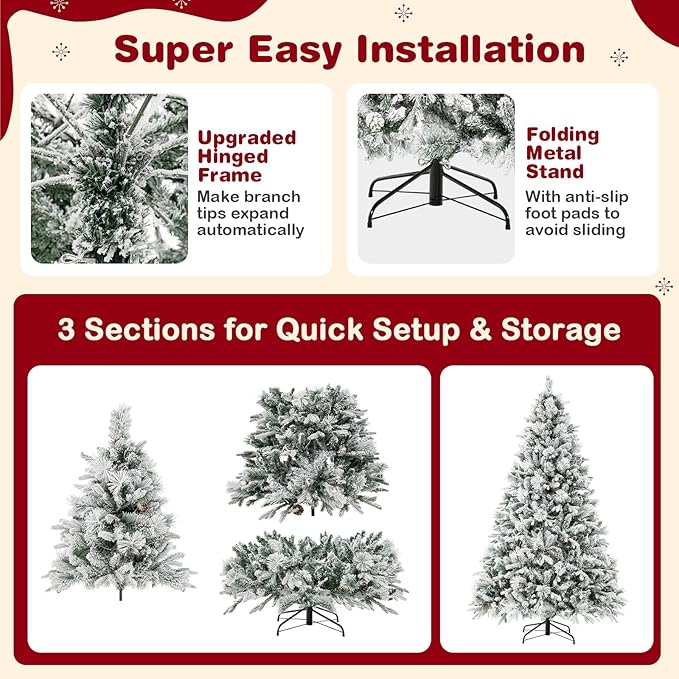 GOFLAME 7 FT Artificial Christmas Tree with Pine Needles, Snow Flocked Xmas Tree with 1270 PE & PVC Branch Tips, 320 LED Lights & 40 Pine Cones, Hinged Decoration Tree with 8 Lighting Modes