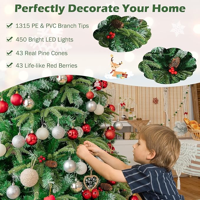 GOFLAME 7ft Pre-Lit Artificial Christmas Tree, Realistic Xmas Tree w/ 1315 Branch Tips, 450 Multi-Color LED Lights, 43 Pinecones & Red Berries, Pine Tree w/ 11 Flash Modes for Holiday Decoration