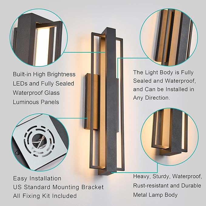 23-inch Modern Large Outdoor Waterproof LED Wall Light,Concealed Lighting Design,IP65 25W 3000K, ADA Compliant,Outdoor Lantern Lights for Porch,Patio,Living Room,Garage,Commercial Plaza